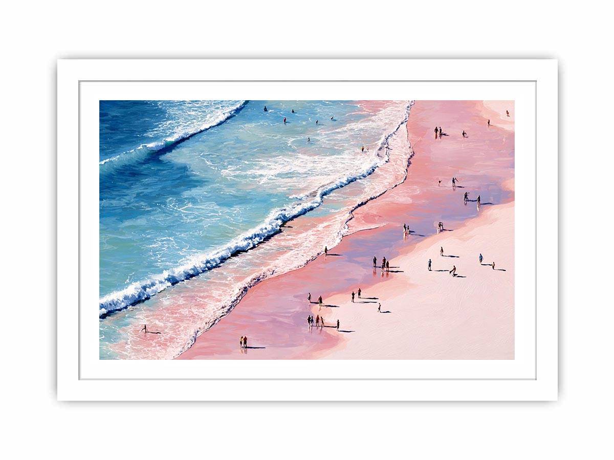 Pink shoreline wall art with turquoise waves and beach walkers for modern coastal living room
