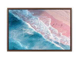 Aerial ocean canvas print with pink sand and turquoise waves for serene bedroom decor