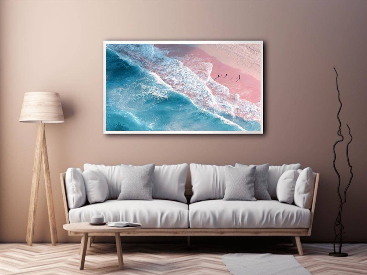 Aerial ocean canvas print with pink sand and turquoise waves for serene bedroom decor