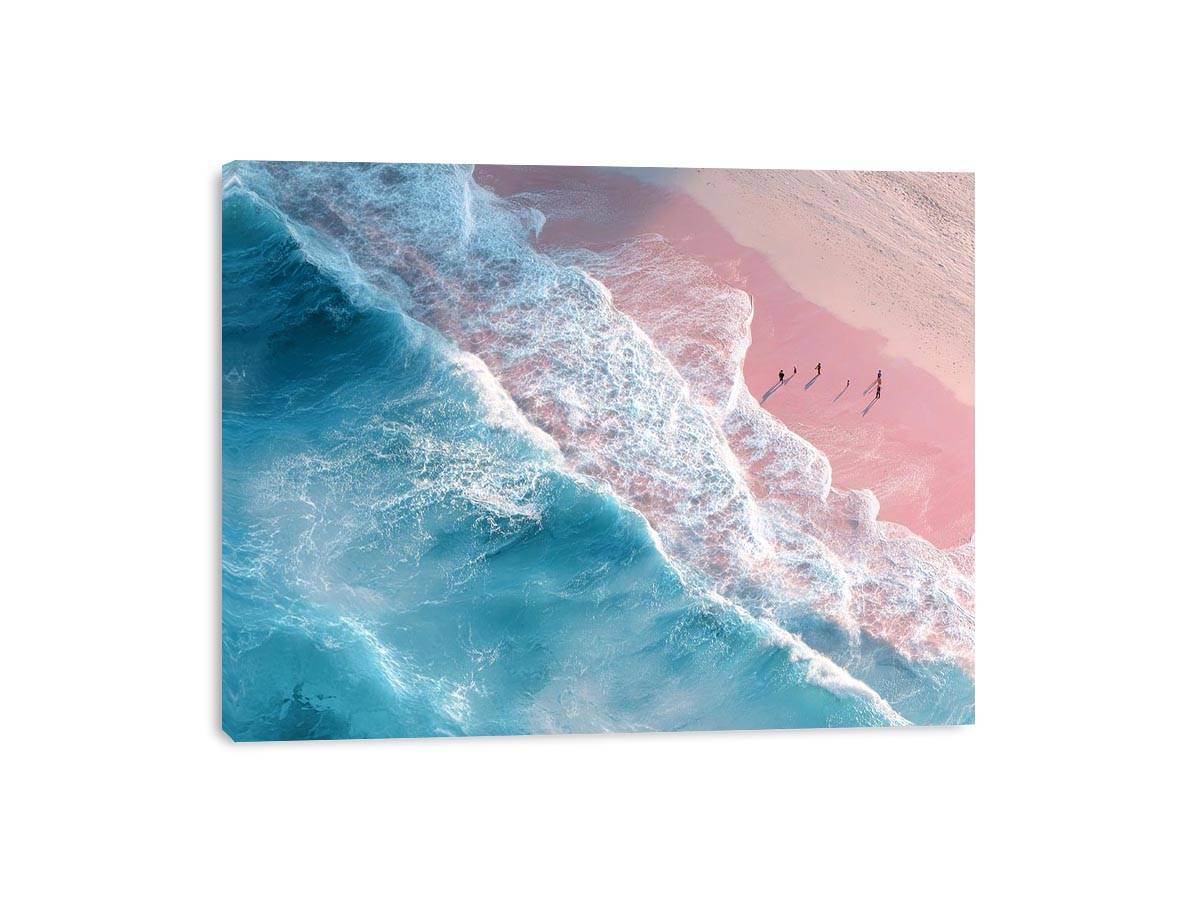 Aerial ocean canvas print with pink sand and turquoise waves for serene bedroom decor