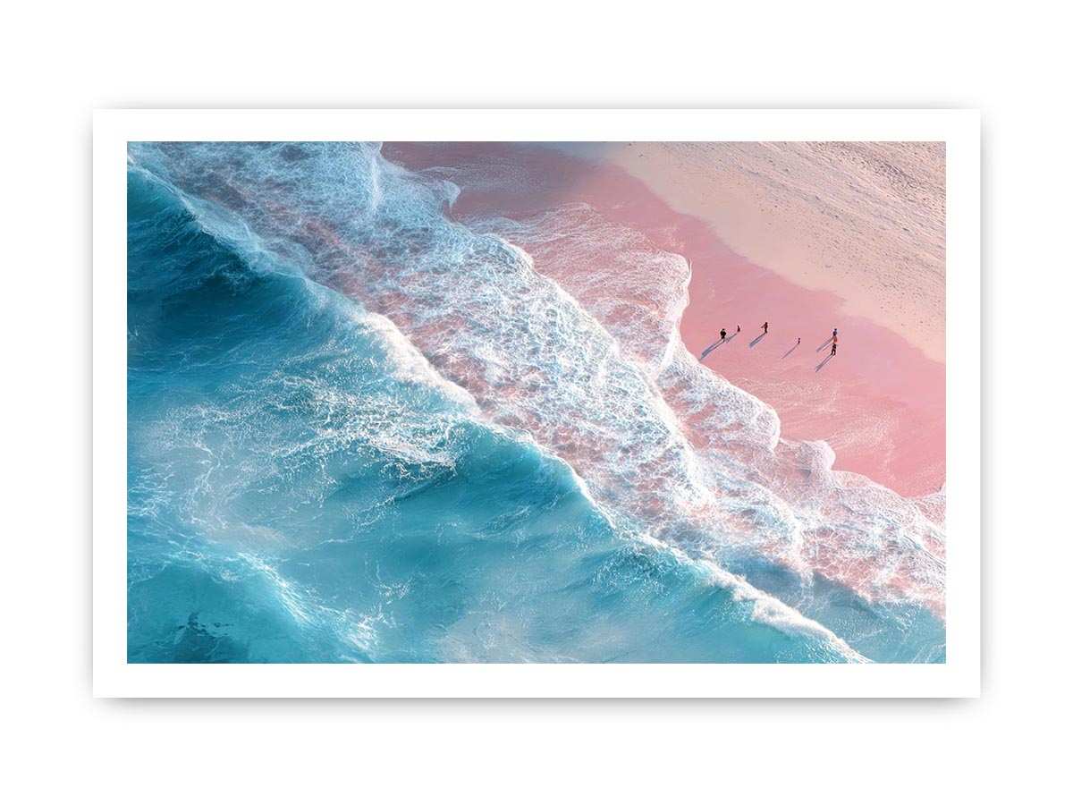 Aerial ocean canvas print with pink sand and turquoise waves for serene bedroom decor