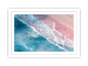Aerial ocean canvas print with pink sand and turquoise waves for serene bedroom decor