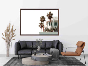 Palm architecture photography with white building and tropical trees for modern entryway decor