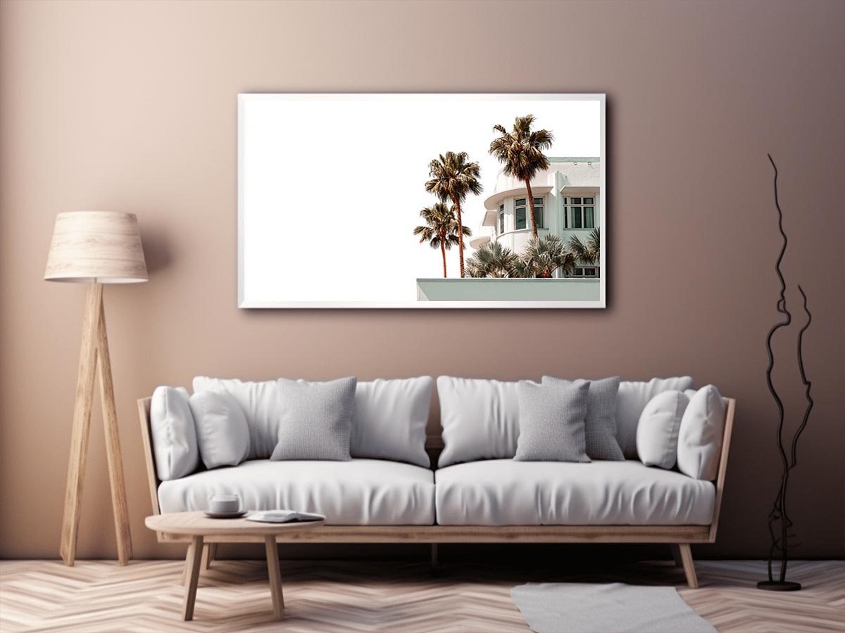 Palm architecture photography with white building and tropical trees for modern entryway decor