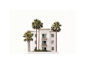 Palm building framed print with white architecture and tall trees for airy office decor
