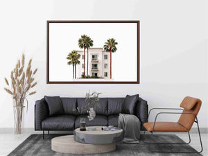 Palm building framed print with white architecture and tall trees for airy office decor