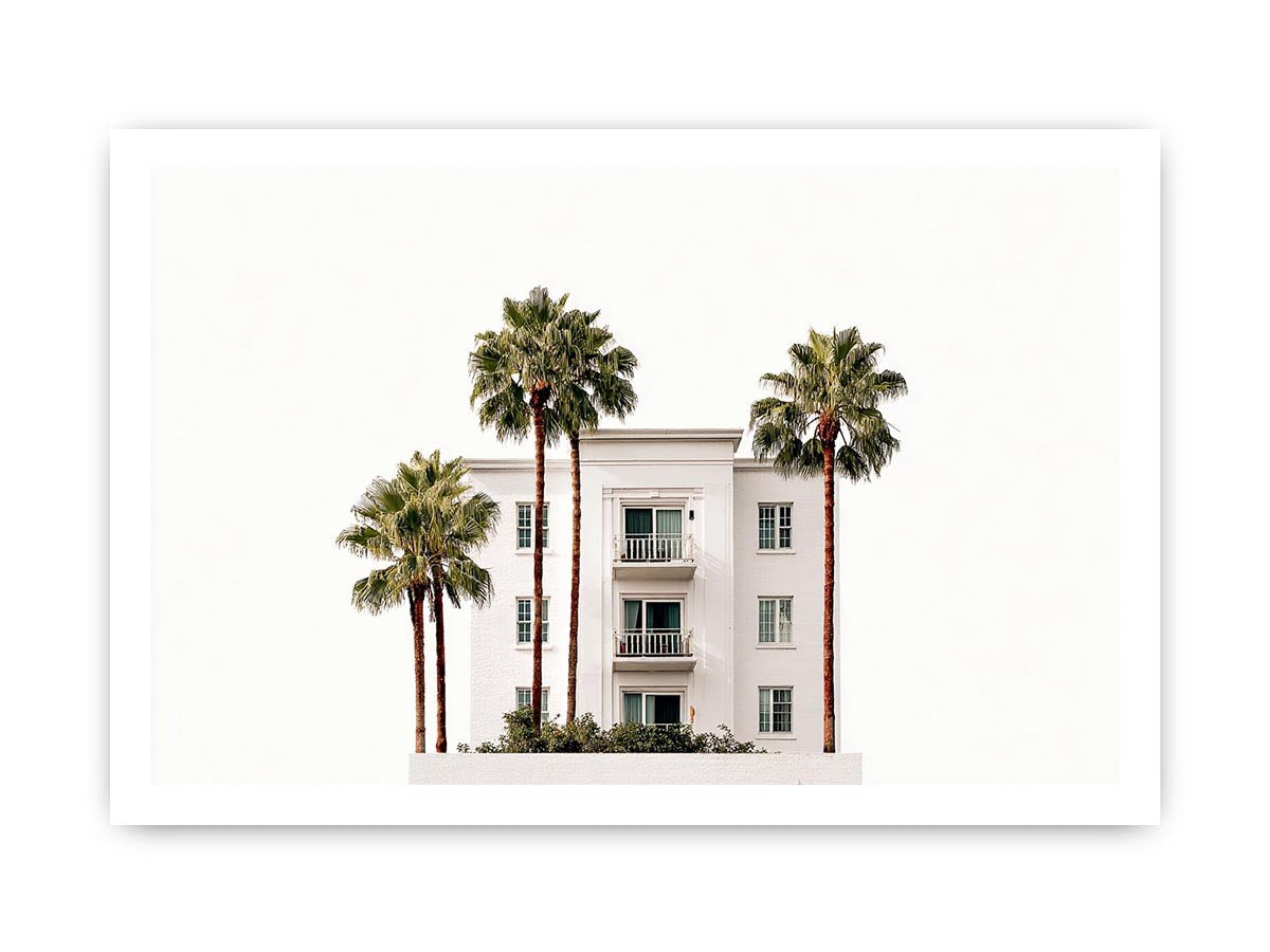 Palm building framed print with white architecture and tall trees for airy office decor