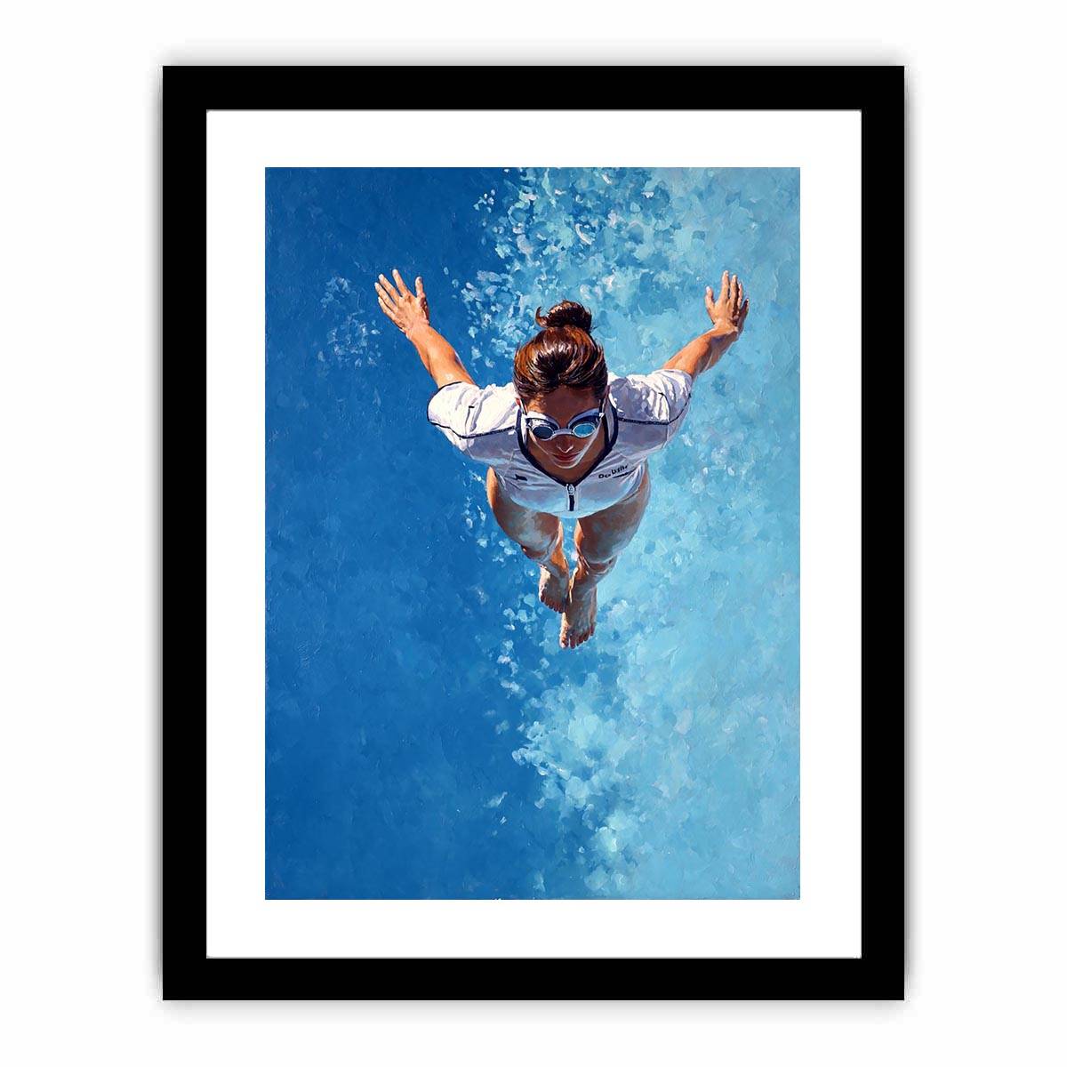 Swimmer canvas art with blue water and goggles for pool house bathroom decor