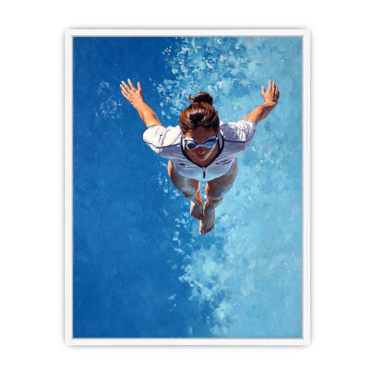 Swimmer canvas art with blue water and goggles for pool house bathroom decor