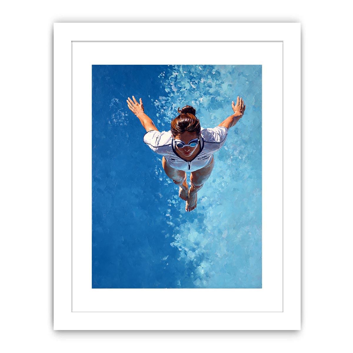 Swimmer canvas art with blue water and goggles for pool house bathroom decor
