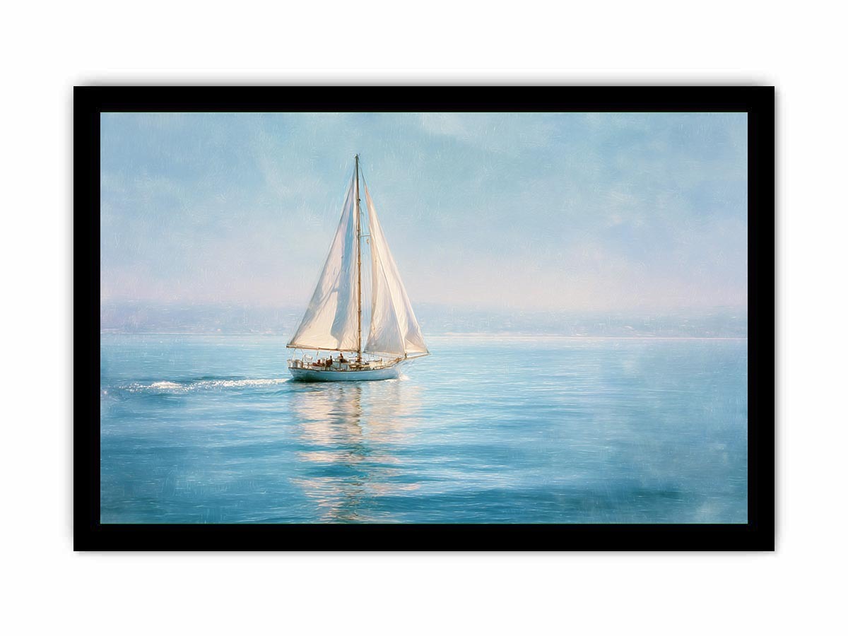 Sailboat canvas print with calm blue water and white sails for coastal living room decor