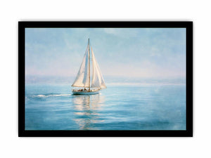 Sailboat canvas print with calm blue water and white sails for coastal living room decor