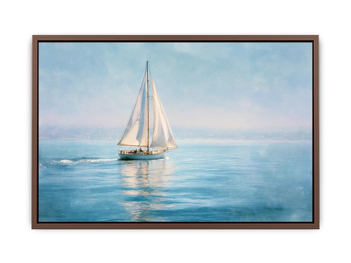 Sailboat canvas print with calm blue water and white sails for coastal living room decor