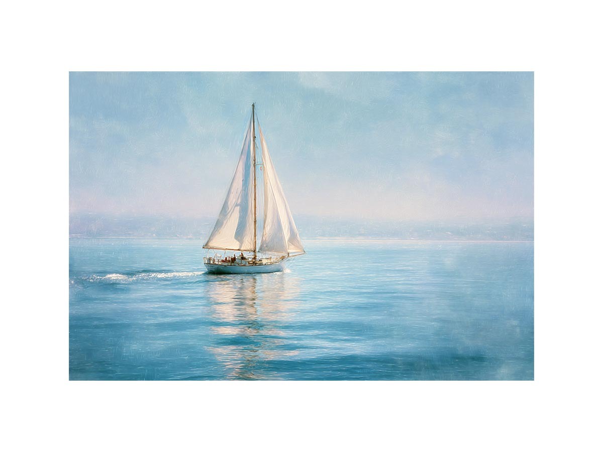 Sailboat canvas print with calm blue water and white sails for coastal living room decor