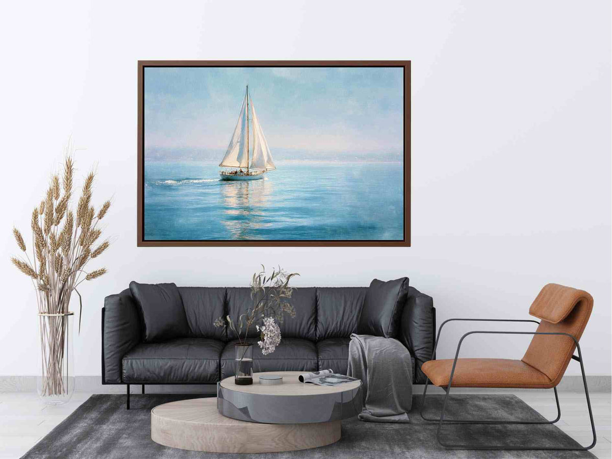 Sailboat canvas print with calm blue water and white sails for coastal living room decor