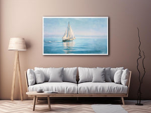 Sailboat canvas print with calm blue water and white sails for coastal living room decor