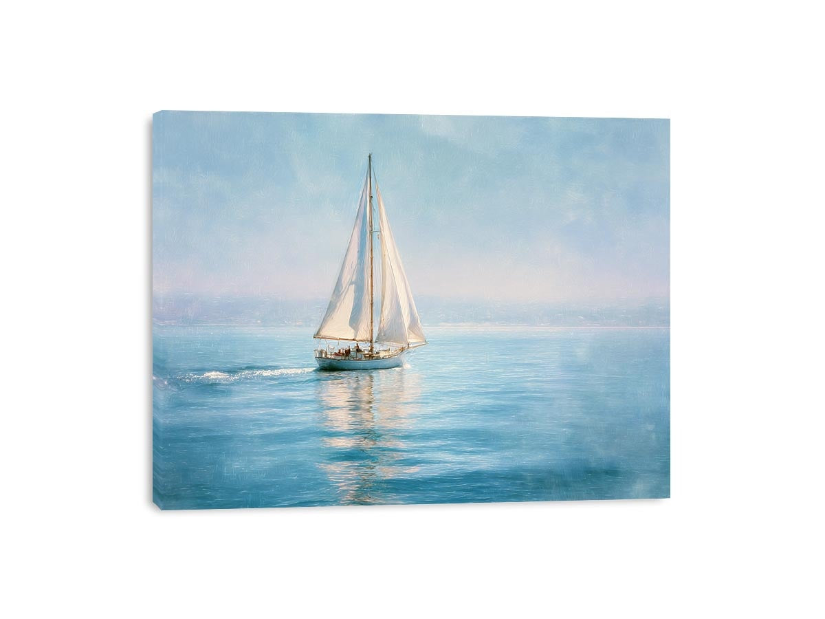 Sailboat canvas print with calm blue water and white sails for coastal living room decor