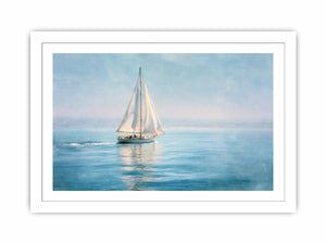 Sailboat canvas print with calm blue water and white sails for coastal living room decor