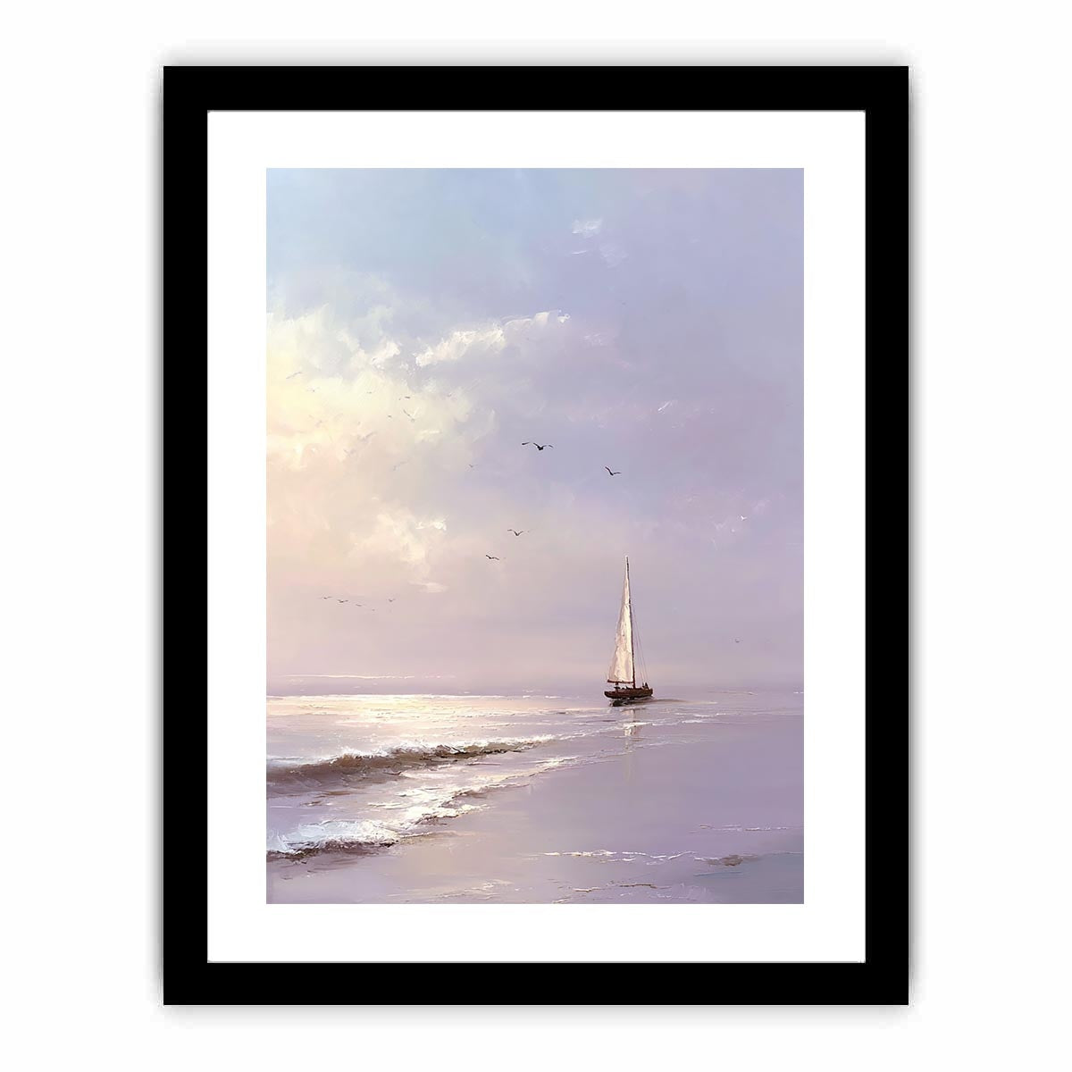 Lavender sailboat wall art with soft waves and birds for peaceful bedroom decor