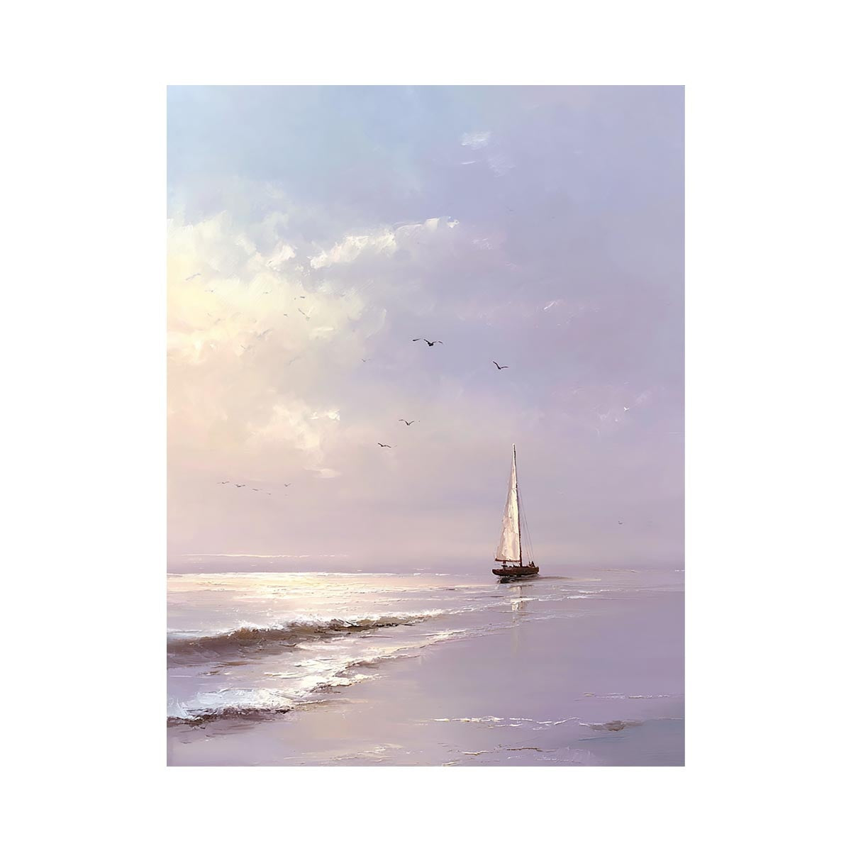 Lavender sailboat wall art with soft waves and birds for peaceful bedroom decor