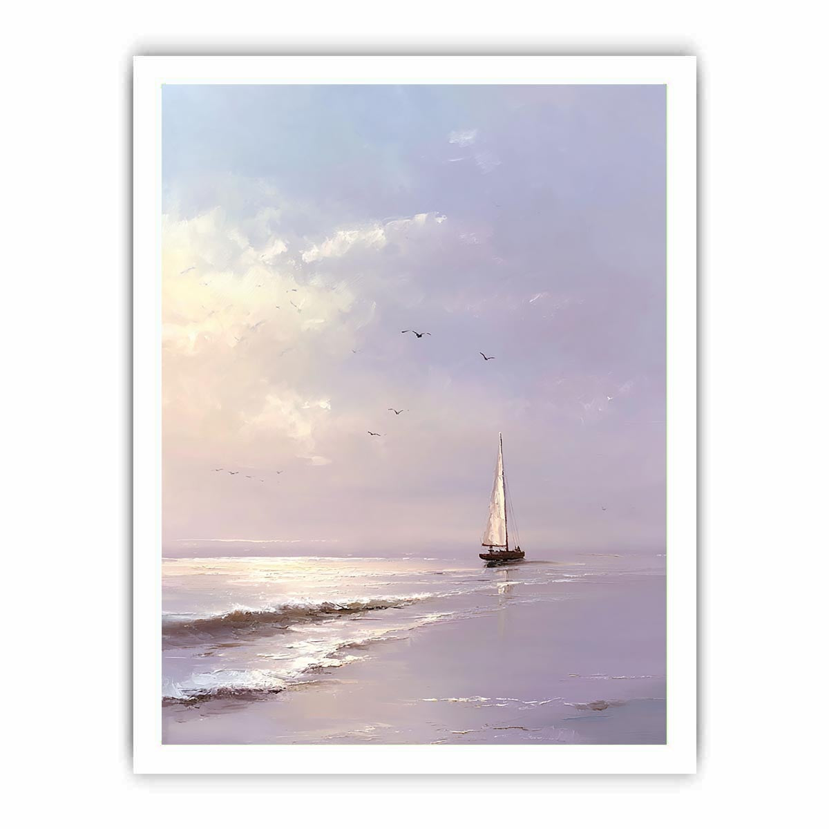 Lavender sailboat wall art with soft waves and birds for peaceful bedroom decor