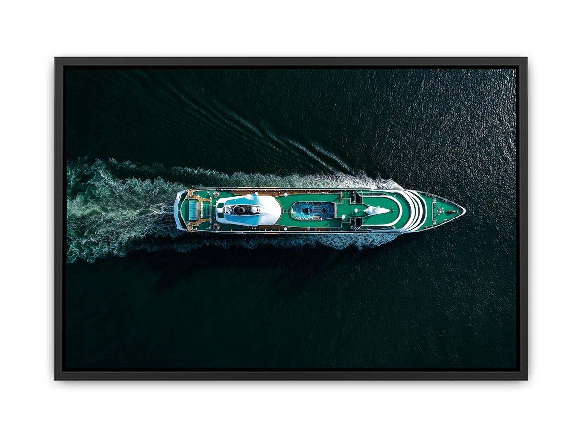 Luxury yacht aerial photography canvas with emerald deck and dark water for modern office decor