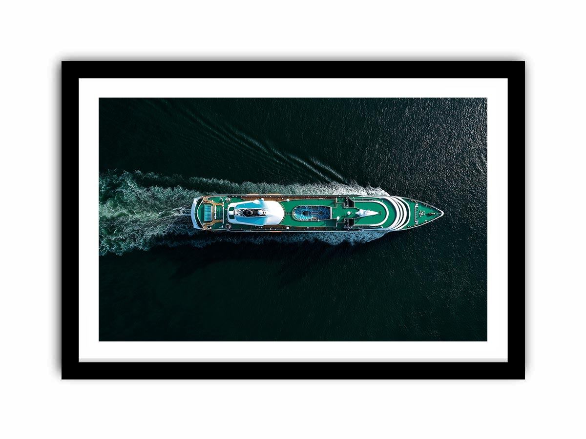 Luxury yacht aerial photography canvas with emerald deck and dark water for modern office decor
