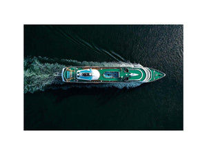 Luxury yacht aerial photography canvas with emerald deck and dark water for modern office decor