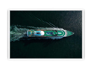Luxury yacht aerial photography canvas with emerald deck and dark water for modern office decor