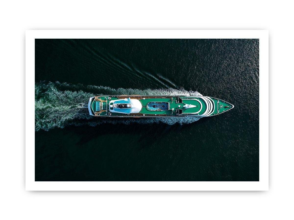 Luxury yacht aerial photography canvas with emerald deck and dark water for modern office decor