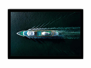 Dark yacht wall art with turquoise deck and ocean wake for luxury office decor