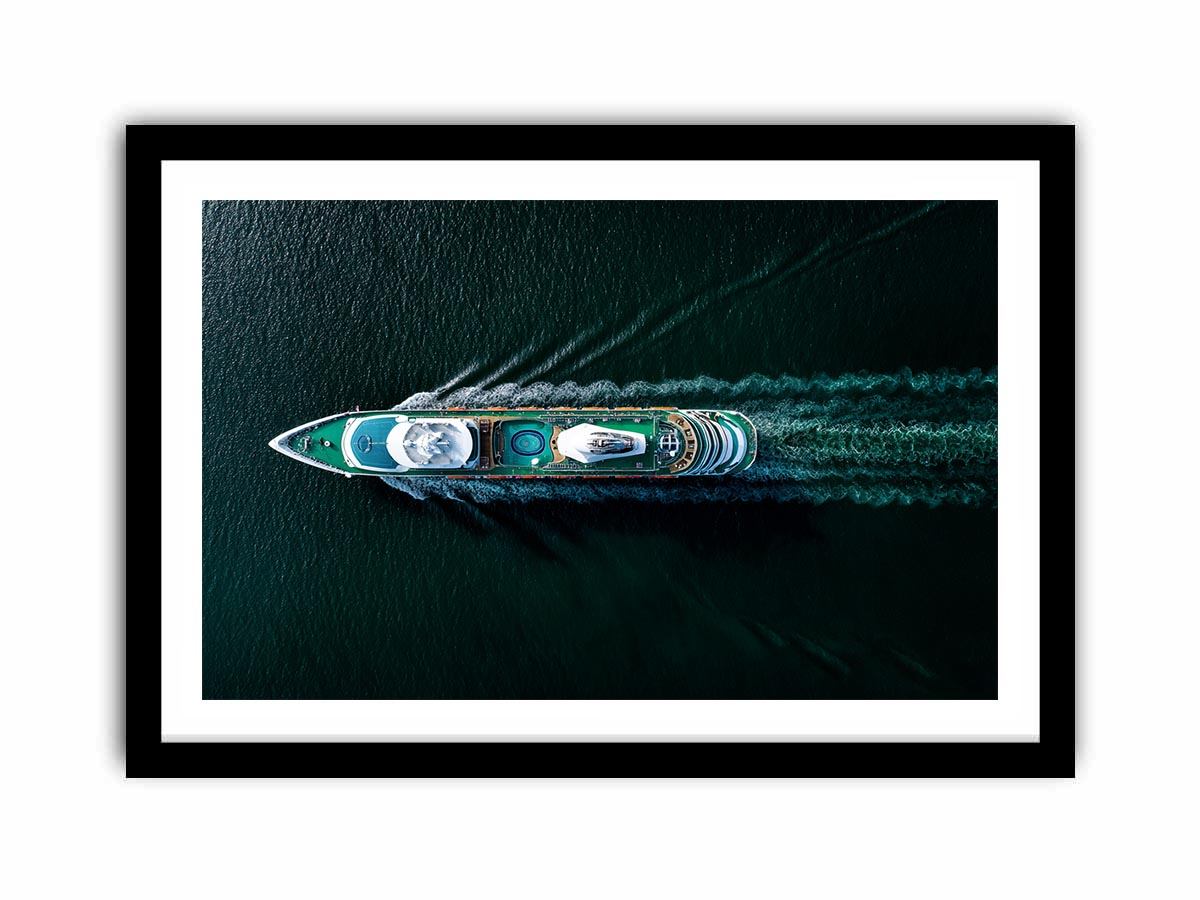 Dark yacht wall art with turquoise deck and ocean wake for luxury office decor