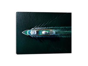 Dark yacht wall art with turquoise deck and ocean wake for luxury office decor