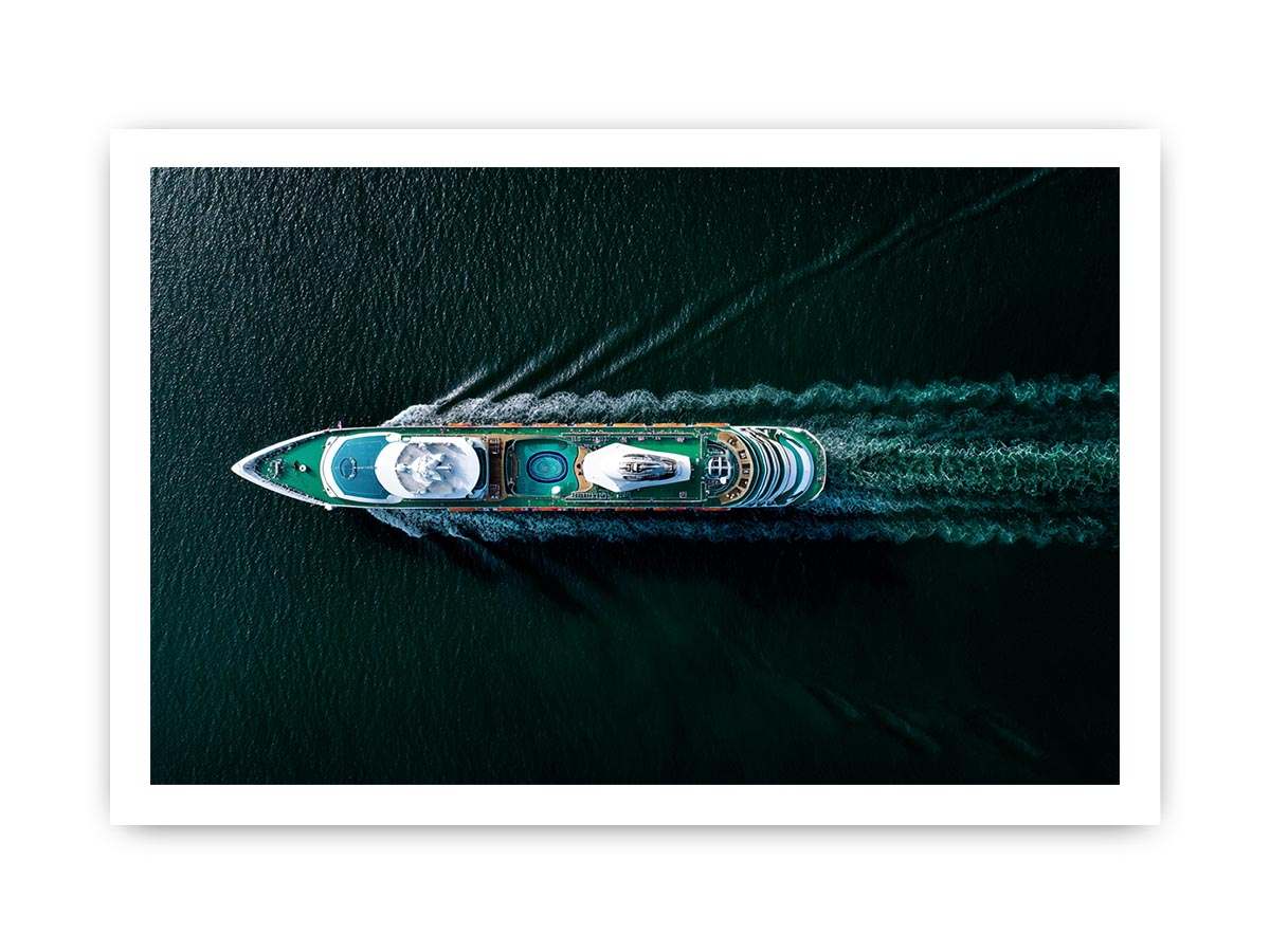 Dark yacht wall art with turquoise deck and ocean wake for luxury office decor