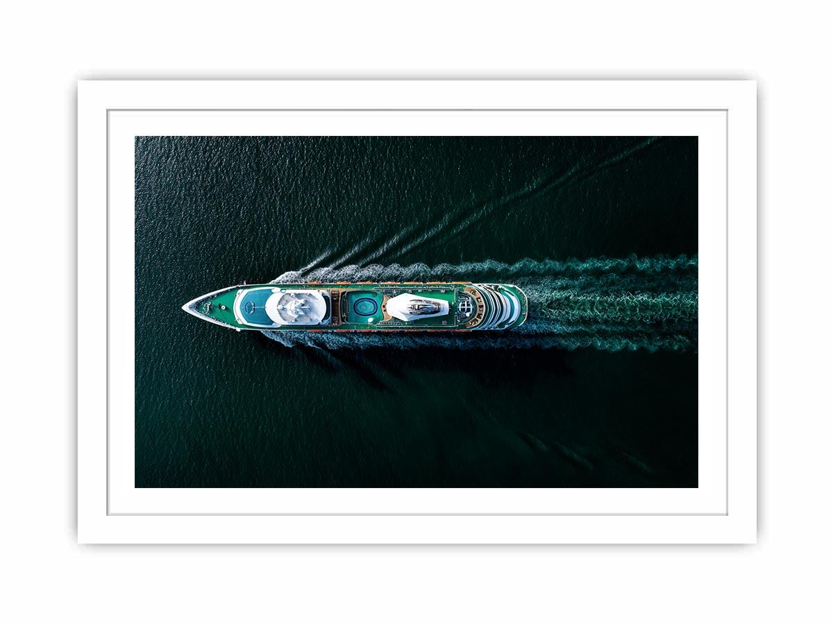 Dark yacht wall art with turquoise deck and ocean wake for luxury office decor