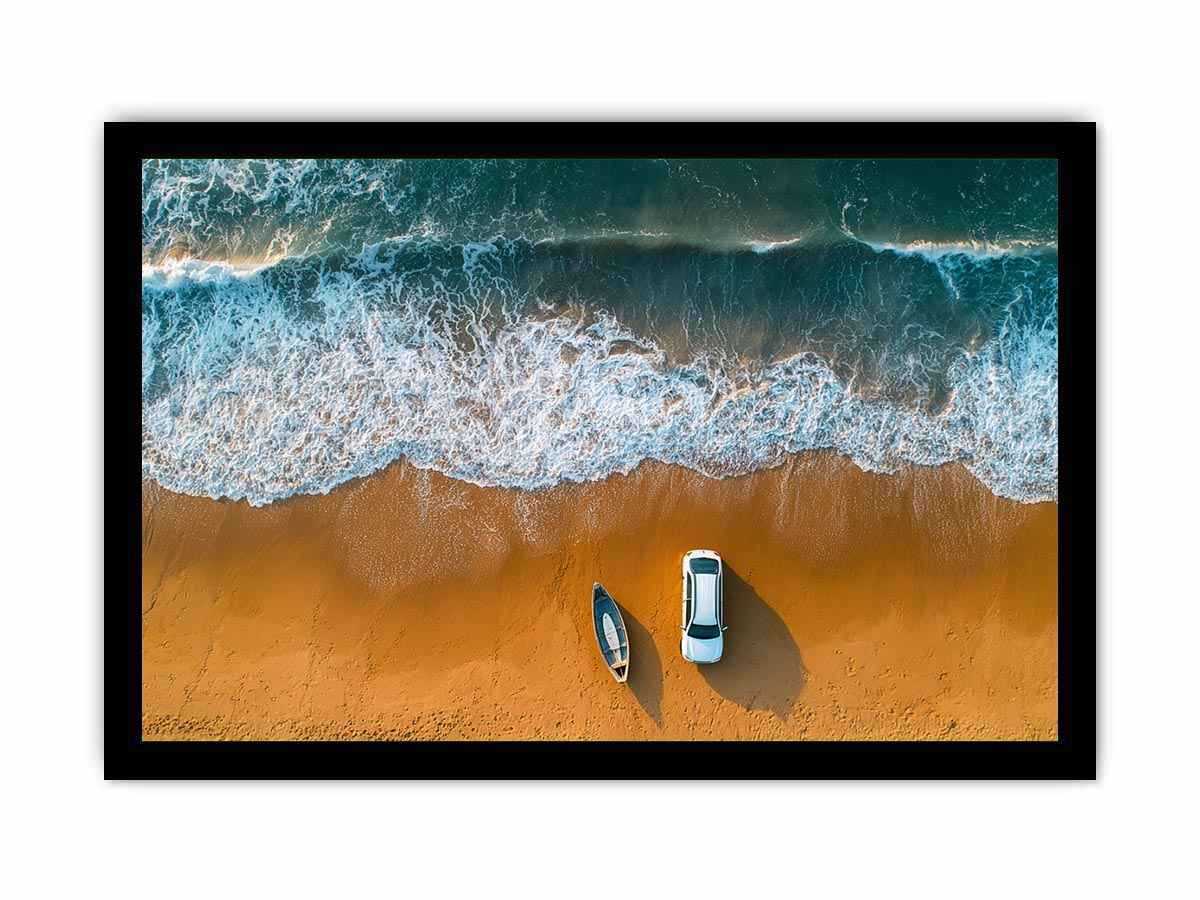 Beach car canvas art with waves, boat and golden sand for coastal travel living room decor