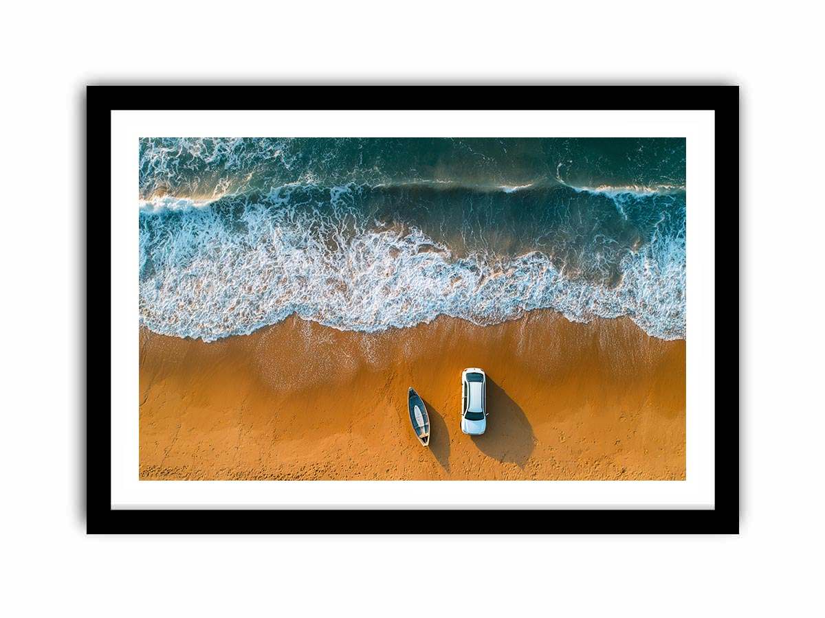 Beach car canvas art with waves, boat and golden sand for coastal travel living room decor