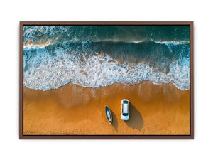 Beach car canvas art with waves, boat and golden sand for coastal travel living room decor