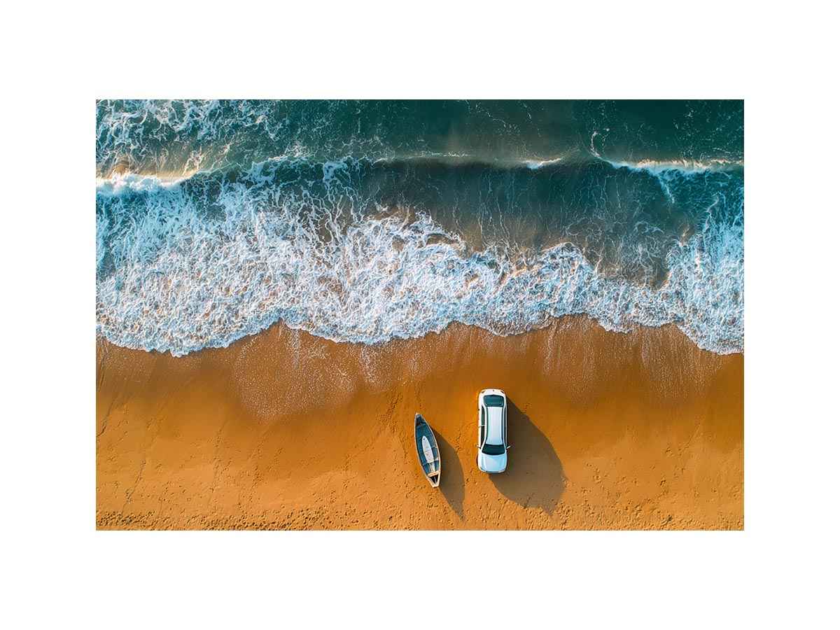 Beach car canvas art with waves, boat and golden sand for coastal travel living room decor