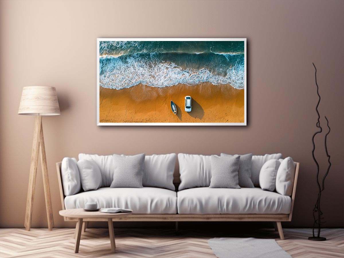 Beach car canvas art with waves, boat and golden sand for coastal travel living room decor
