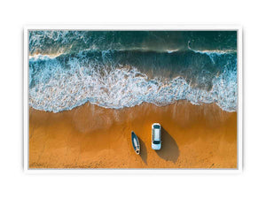 Beach car canvas art with waves, boat and golden sand for coastal travel living room decor