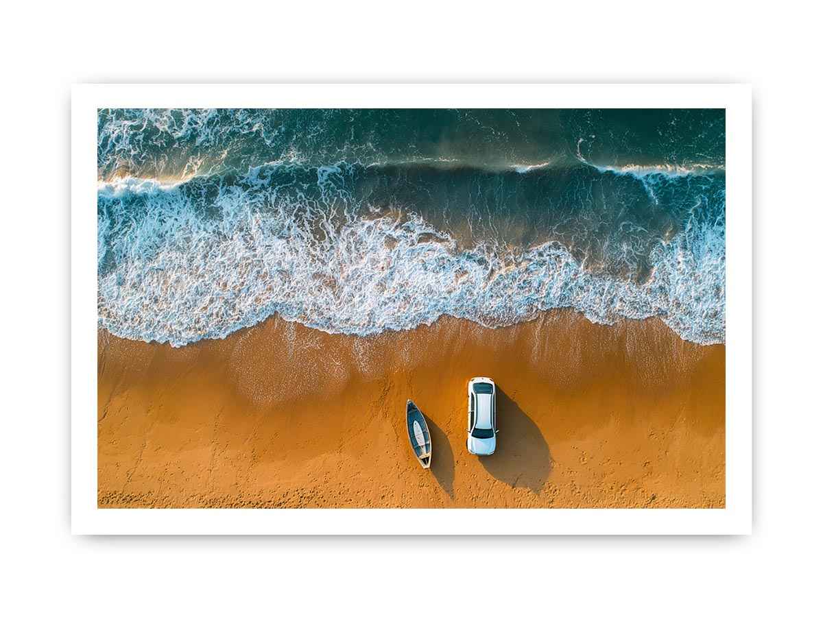 Beach car canvas art with waves, boat and golden sand for coastal travel living room decor