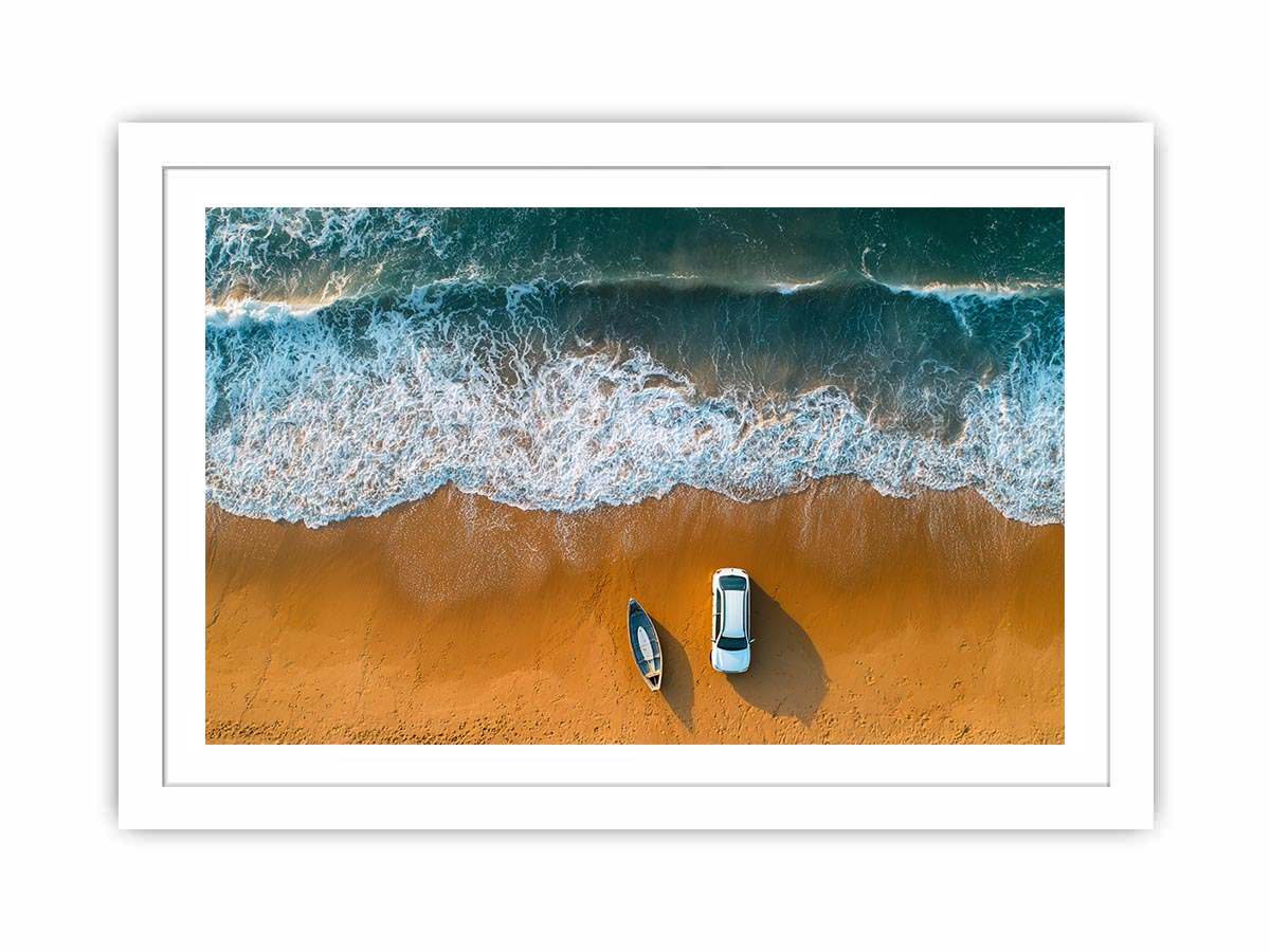 Beach car canvas art with waves, boat and golden sand for coastal travel living room decor