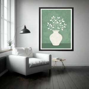 Minimal sage green vase and leaf silhouette canvas art for calm modern home decor.