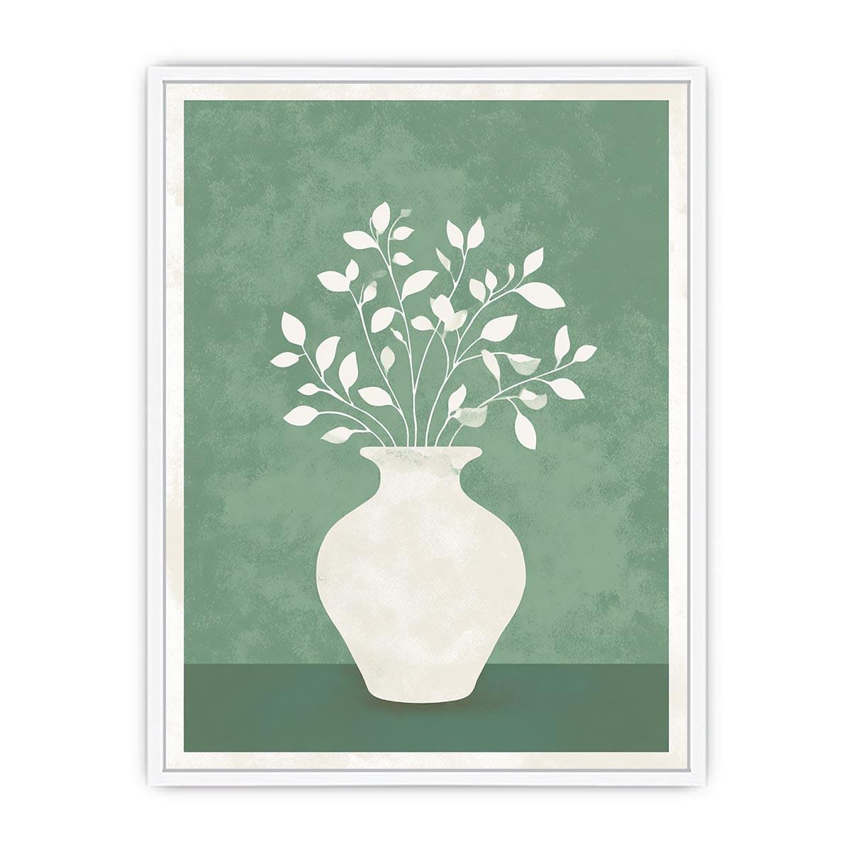 Minimal sage green vase and leaf silhouette canvas art for calm modern home decor.