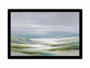 Soft misty coastal landscape canvas art with green hills and pale water for a refined living room.