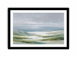 Soft misty coastal landscape canvas art with green hills and pale water for a refined living room.