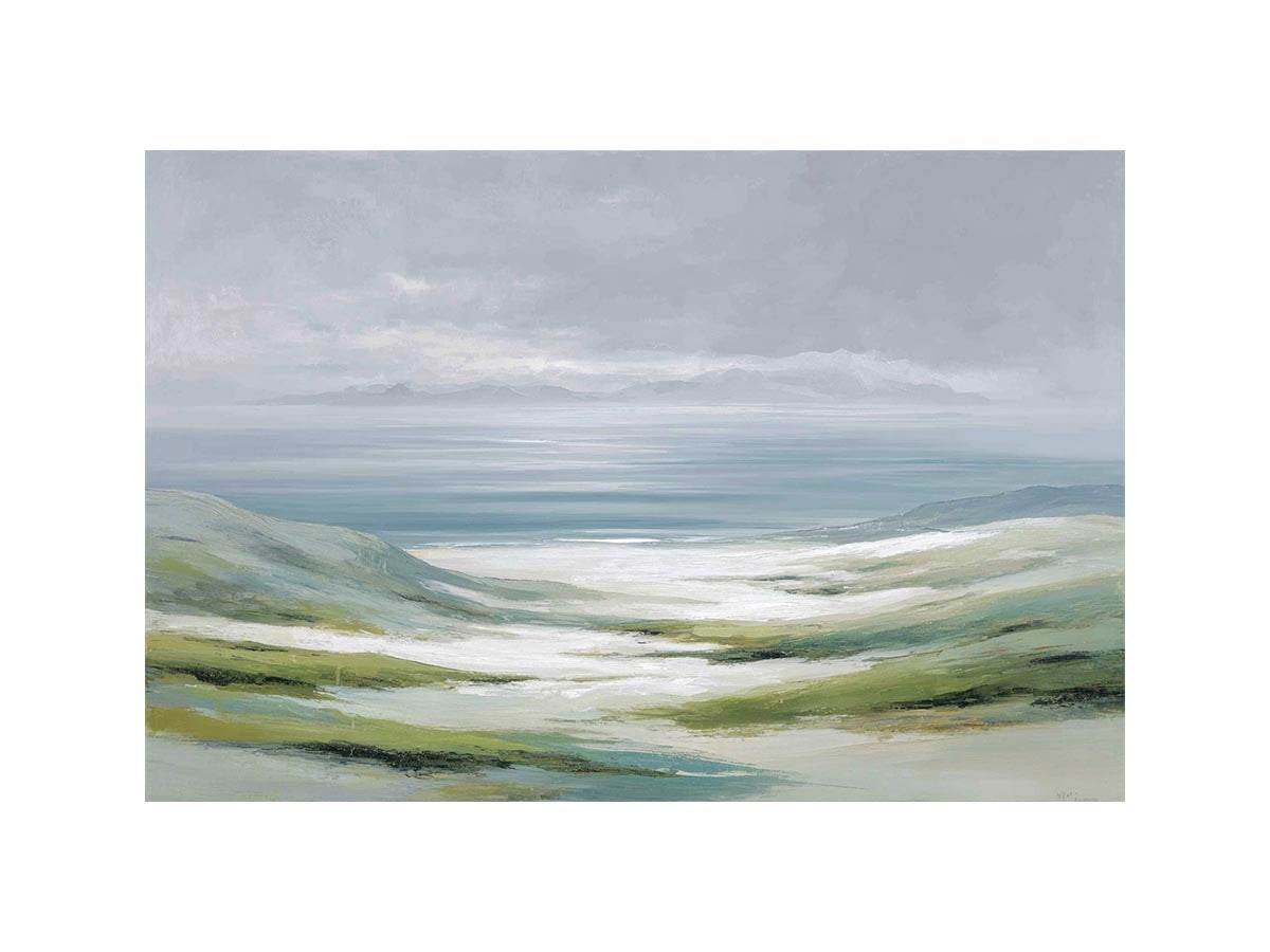 Soft misty coastal landscape canvas art with green hills and pale water for a refined living room.