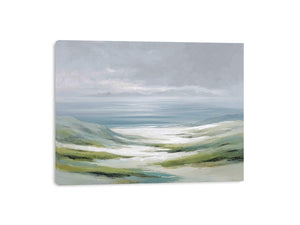 Soft misty coastal landscape canvas art with green hills and pale water for a refined living room.