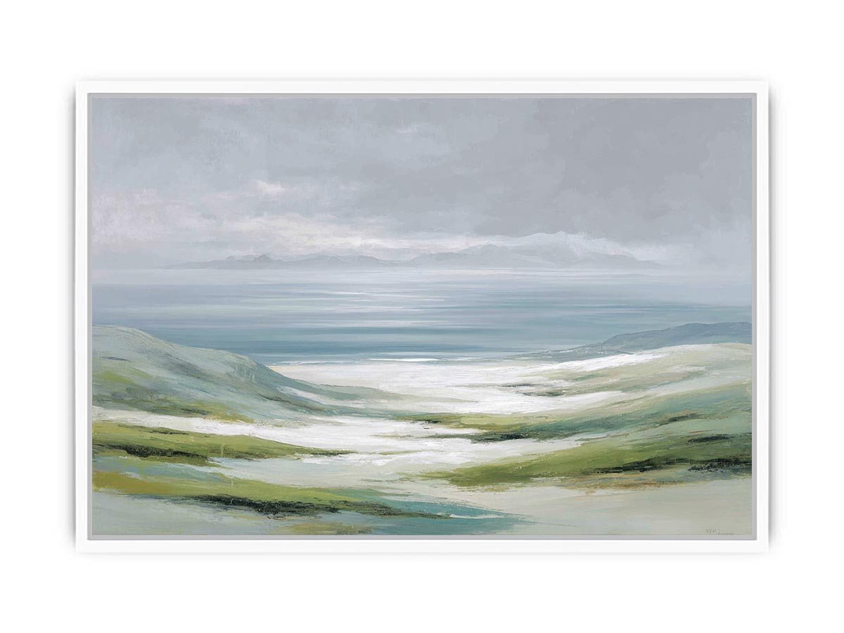 Soft misty coastal landscape canvas art with green hills and pale water for a refined living room.